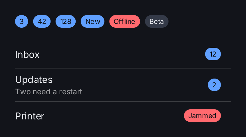 Badges with counts and status words, alone and as row accessories