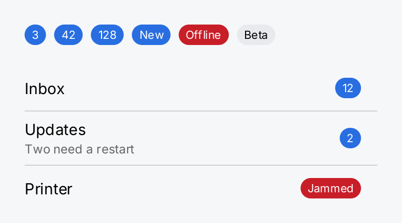 Badges with counts and status words, alone and as row accessories