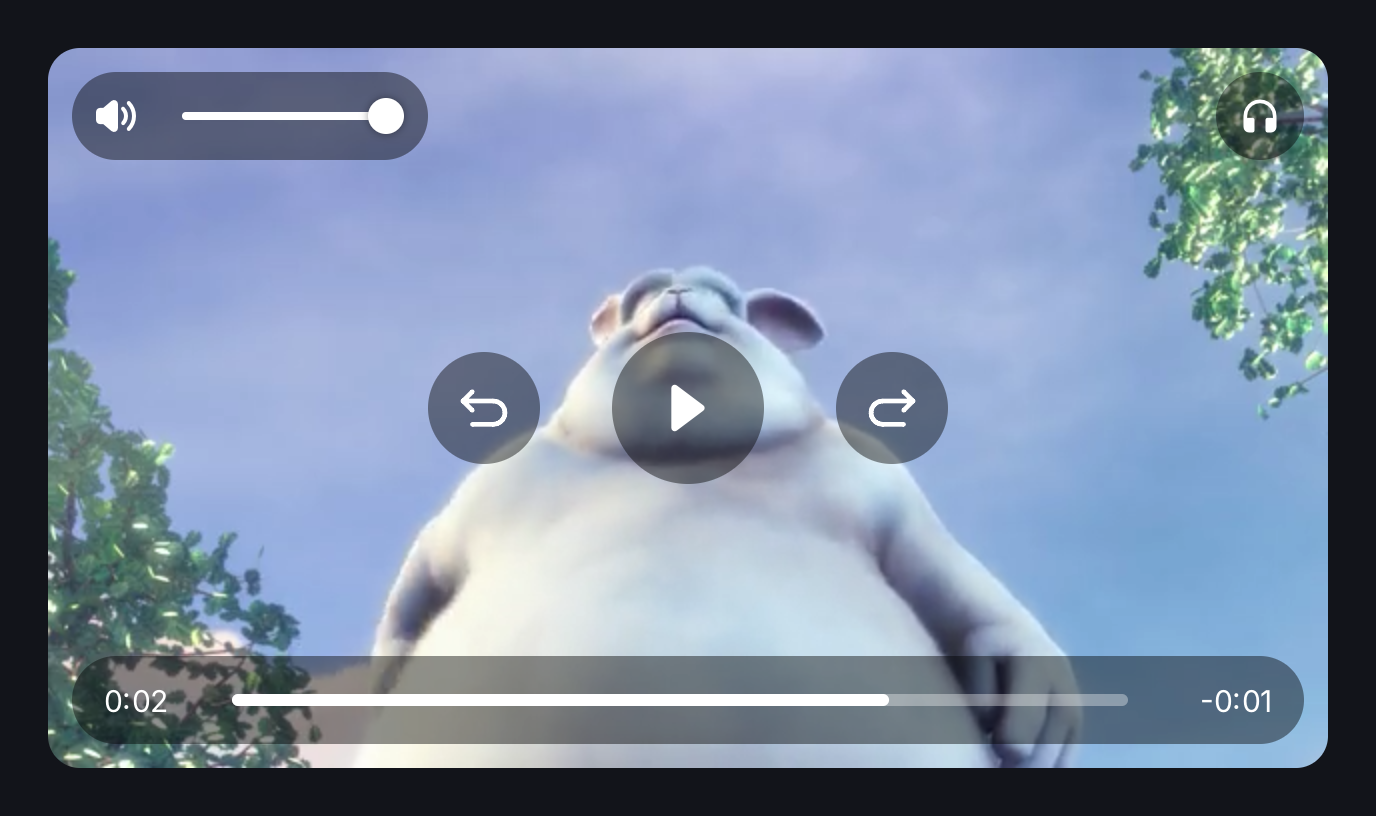 A video of a rabbit with round translucent play, back and forward buttons in the middle, a volume slider at the top left, a headphones button at the top right and a position bar along the bottom