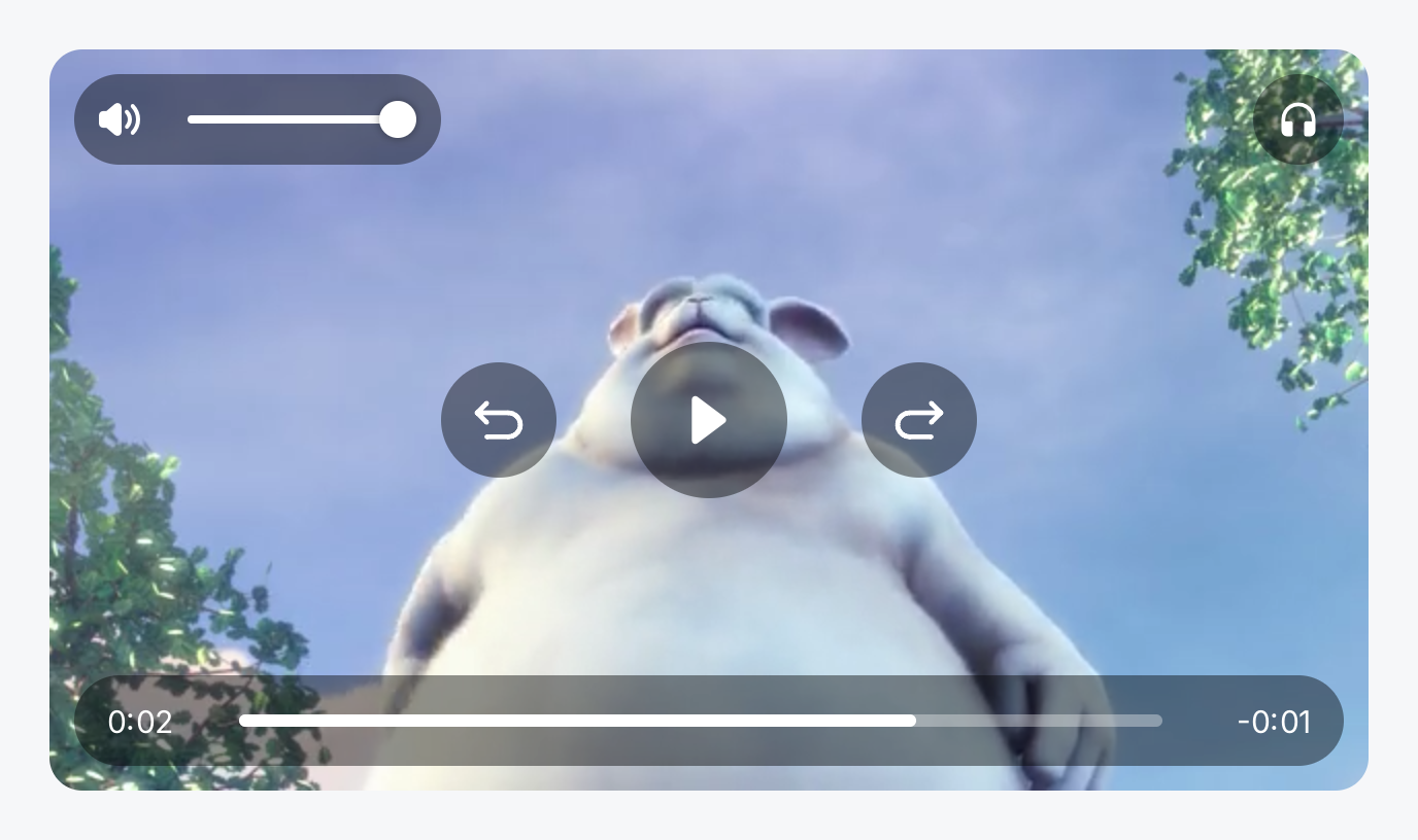 A video of a rabbit with round translucent play, back and forward buttons in the middle, a volume slider at the top left, a headphones button at the top right and a position bar along the bottom