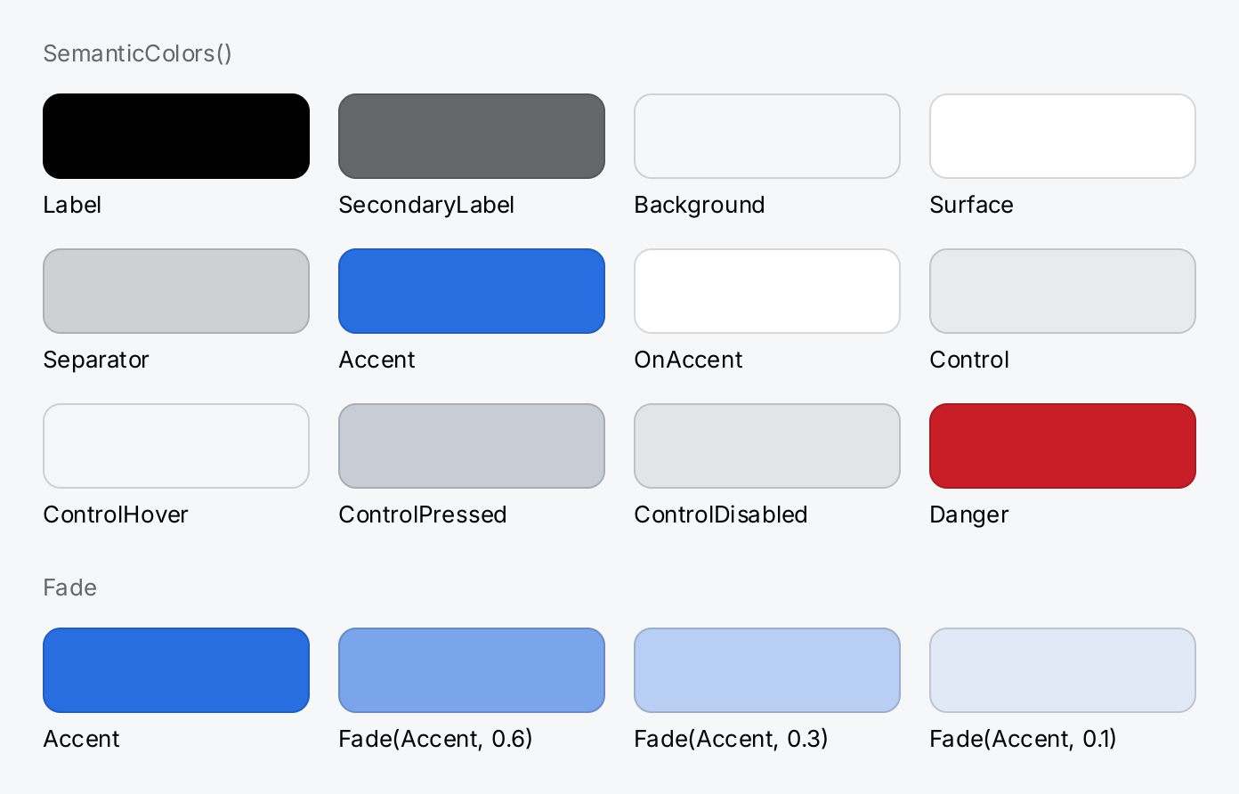 A grid of swatches for every semantic color, and the accent color faded to 60, 30 and 10 percent