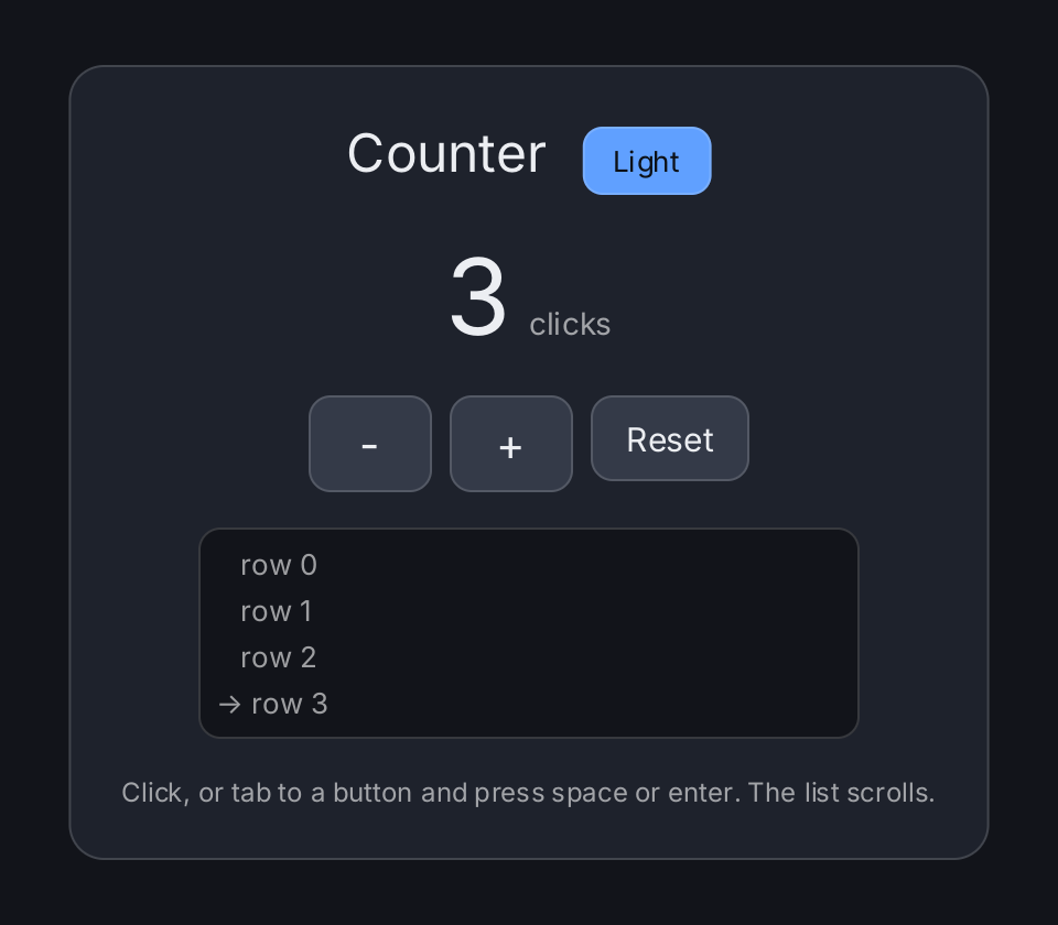 The counter at 3 clicks, with the minus, plus and Reset buttons and a scrolling list of rows