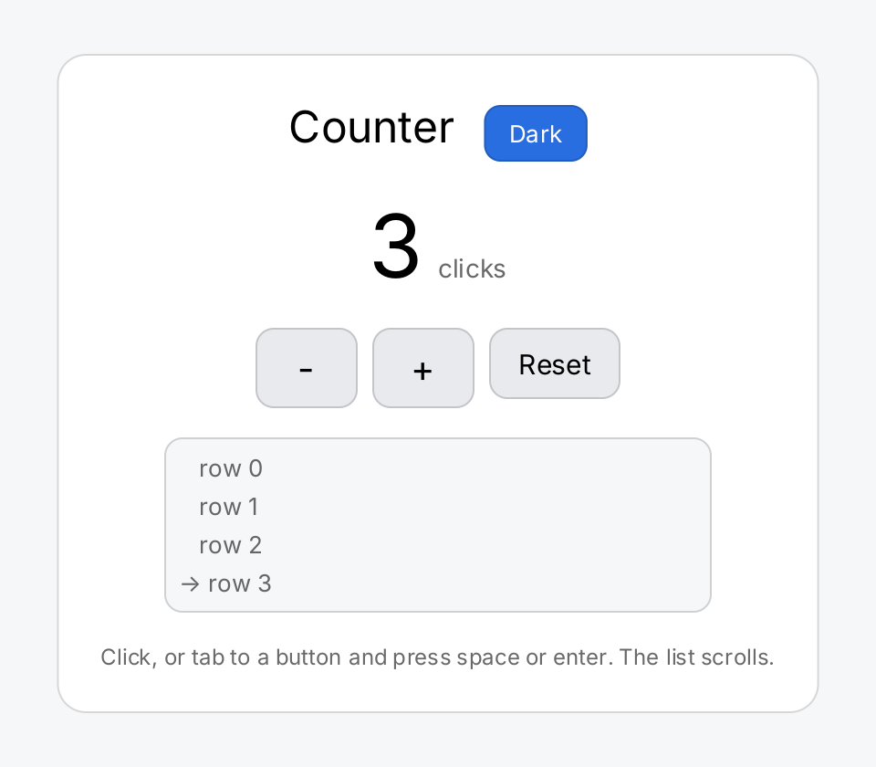 The counter at 3 clicks, with the minus, plus and Reset buttons and a scrolling list of rows