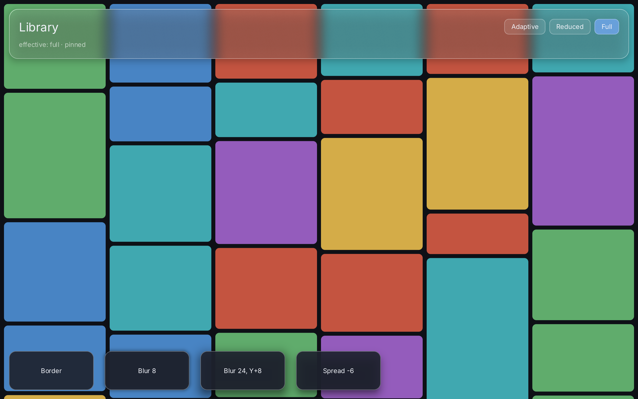 A glass panel with quality buttons over a colorful tile gallery, and four dark cards with different shadows at the bottom