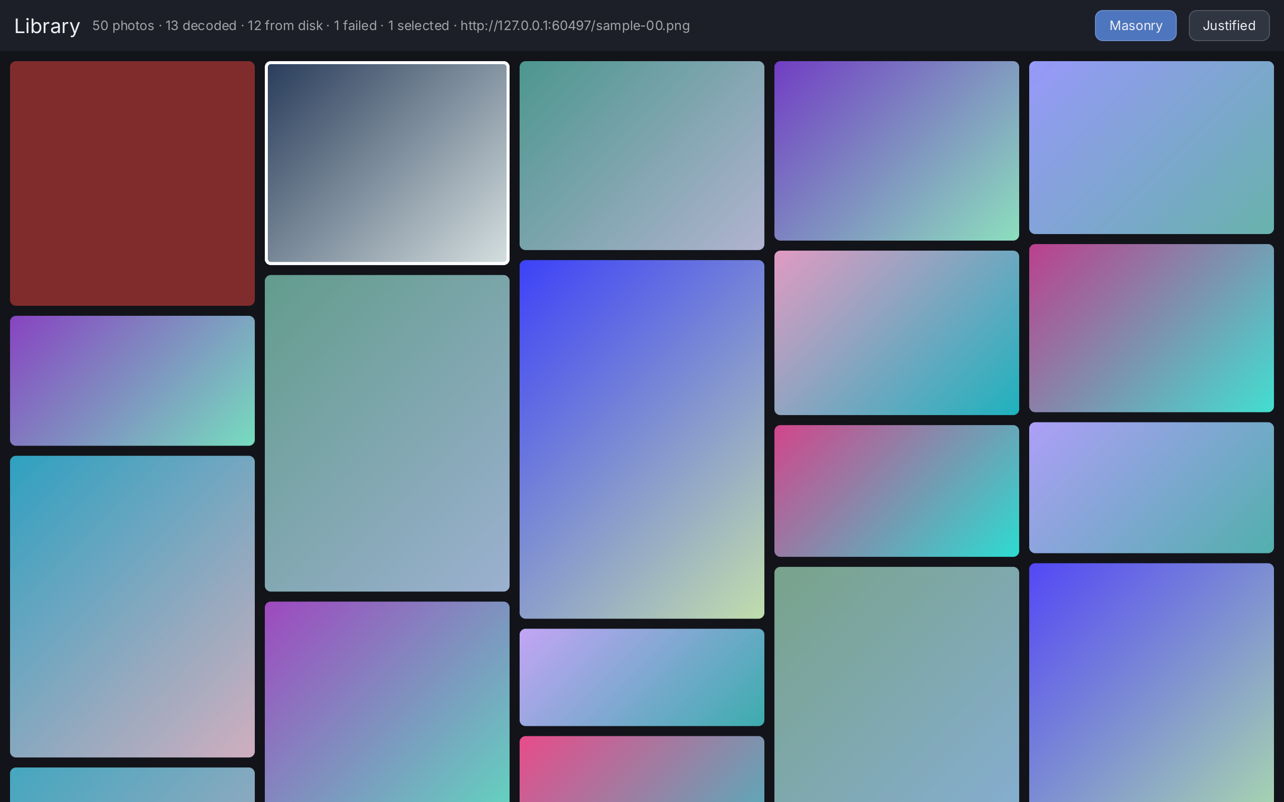 A dark photo browser with a toolbar and a masonry grid of gradient pictures, one of them selected