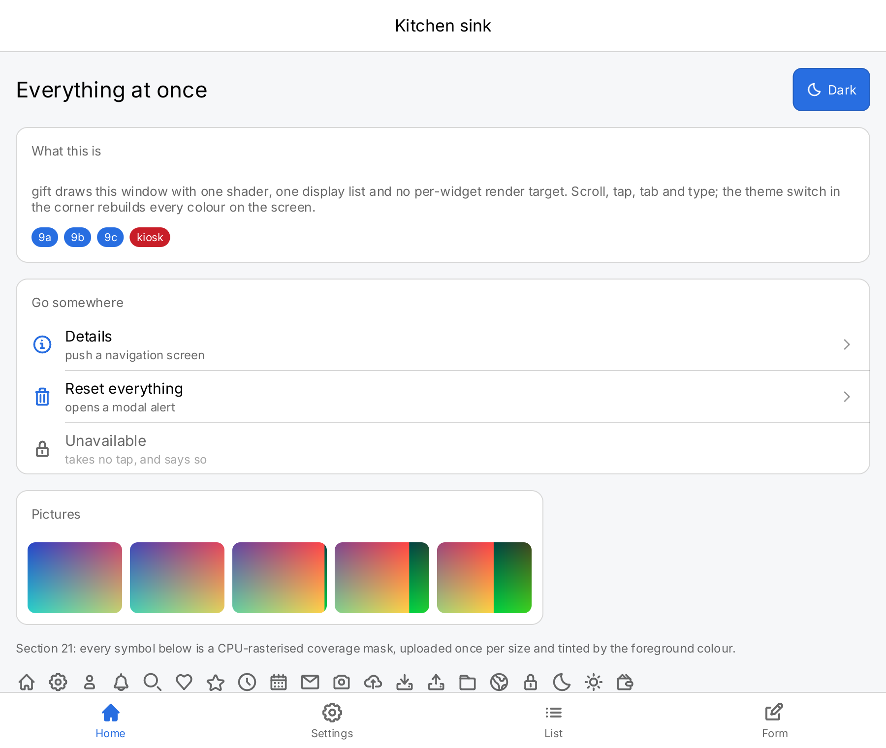 The kitchen sink example: a title bar, a card with badges, a list of rows, a strip of pictures and a tab bar