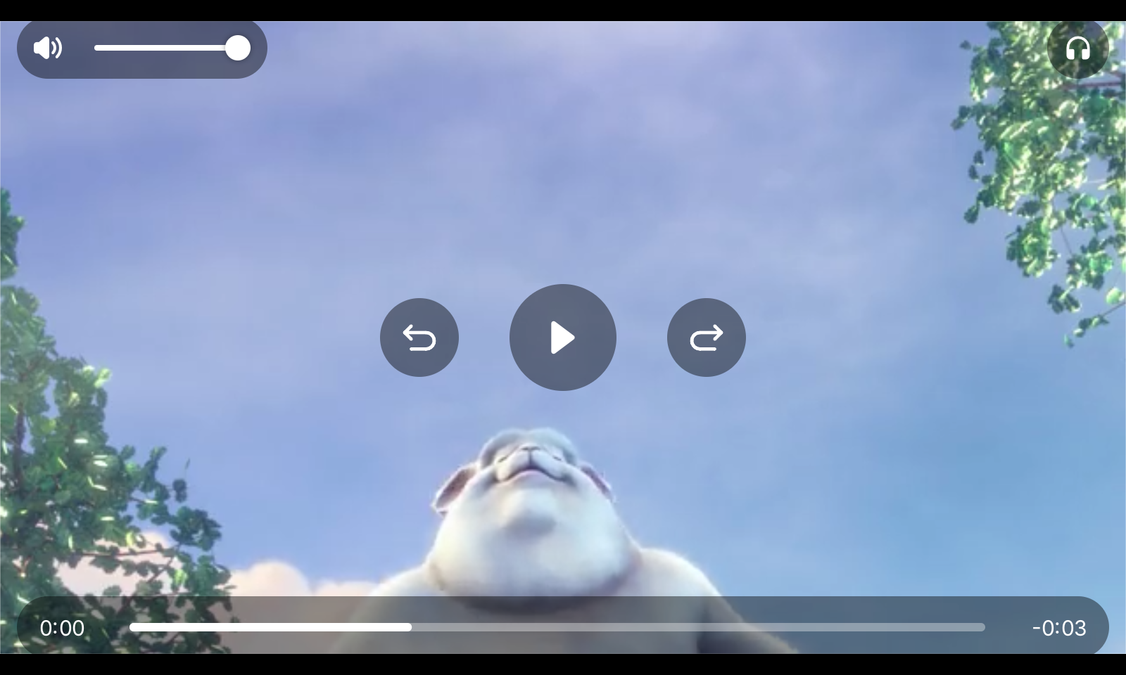 A video of a rabbit filling the window, with round play, back and forward buttons, a volume slider, a headphones button and a position bar